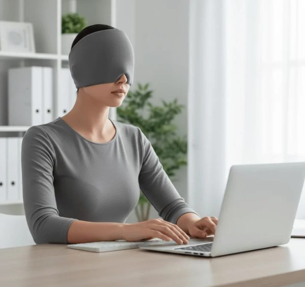 femme-portant-bonnet-anti-migraine-gris-au-bureau.jpg cryothérapie bonnet Calmazen