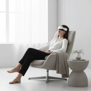 femme-portant-masque-yeux-magn-tique-fauteuil.jpg masque acupression magnétique Calmazen