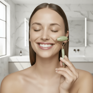 femme-utilisant-rouleau-massage-jade-vert.png Rouleau visage pierre naturelle